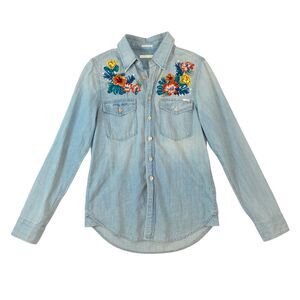 Mother Denim The Flap Double Foxy Shirt Womens XS Blue Floral Embroidered